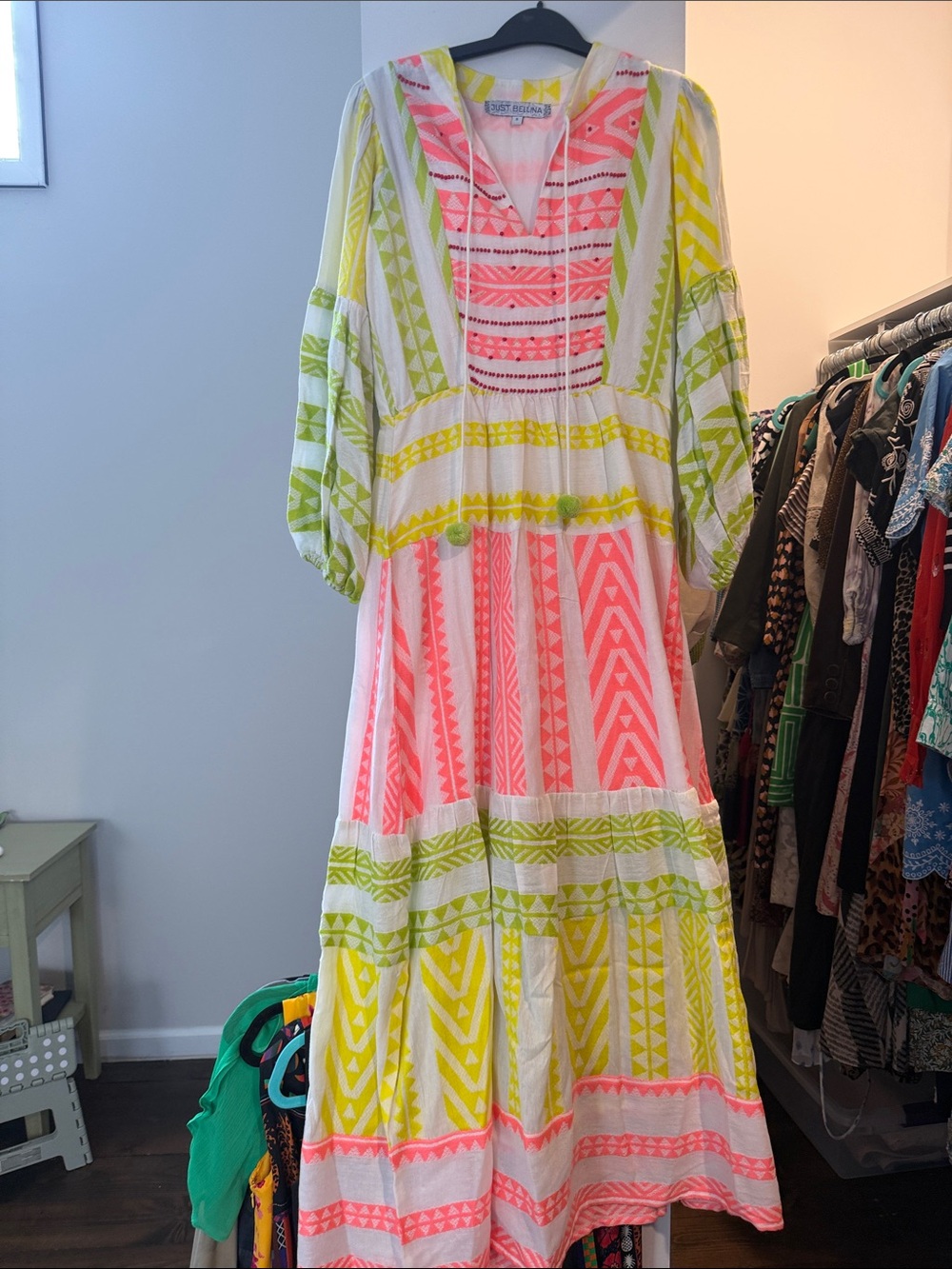 Neon Pattern Tiered Maxi Dress - White with Pink & Lime